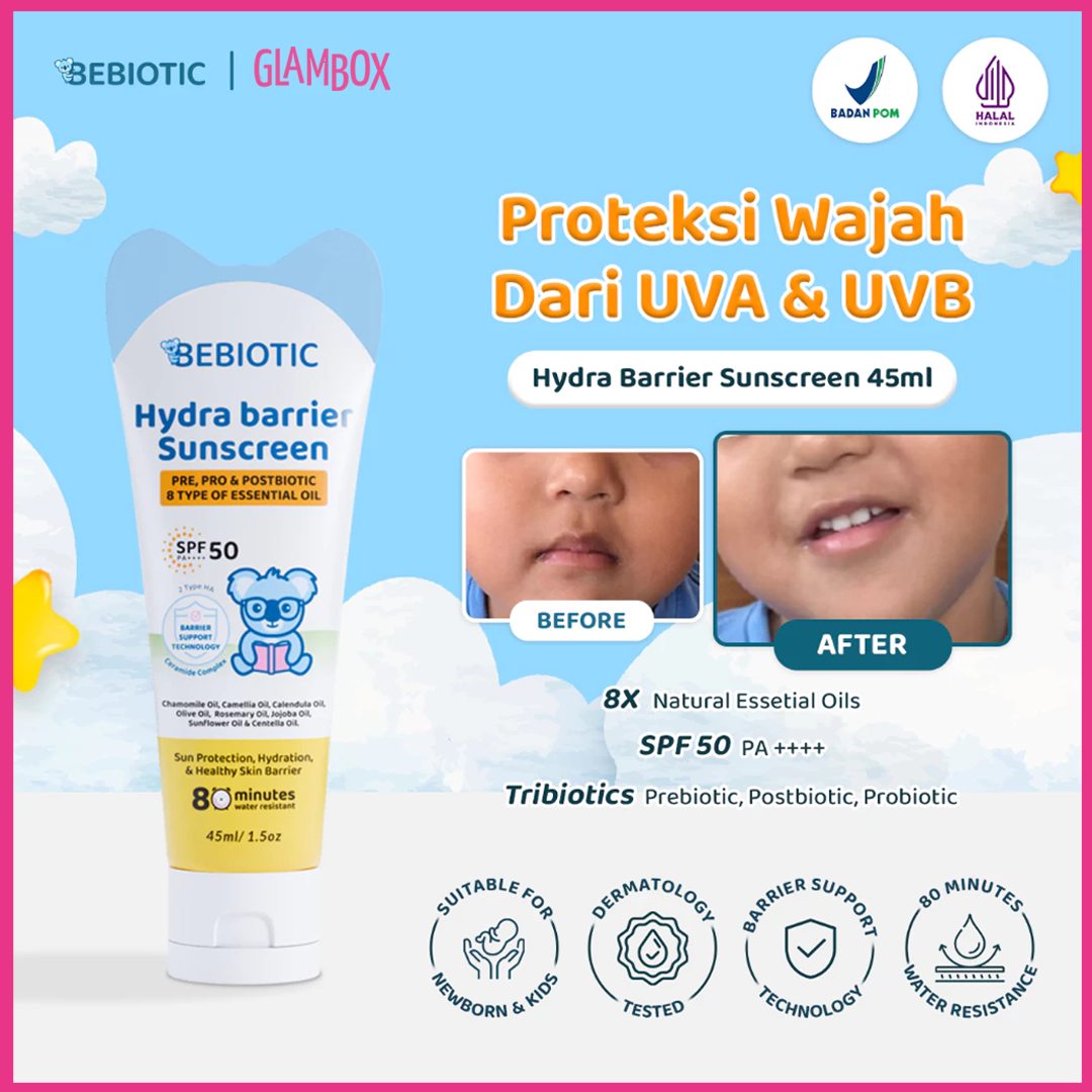 Bebiotic Hydra Barrier Sunscreen Bayi SPF 50 PA++++ 45ml - Non Greasy, Water Resistant, dengan 8 Essential Oil, Cocok untuk Kulit Sensitif
